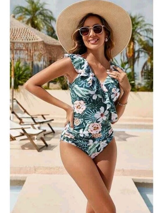 Other - Blooming Jelly Tropical Print One-Piece Swimsuit‎ Ruffle Neckline Women Size XL